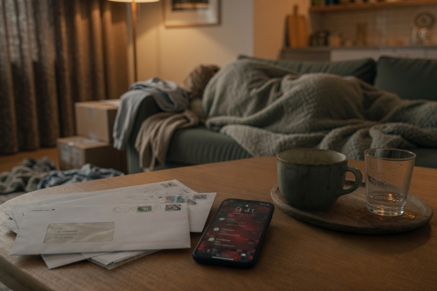 Unerledigte Briefe, Smartphone und Kaffeetasse im Vordergrund, im Hintergrund liegt eine Person erschöpft auf dem Sofa