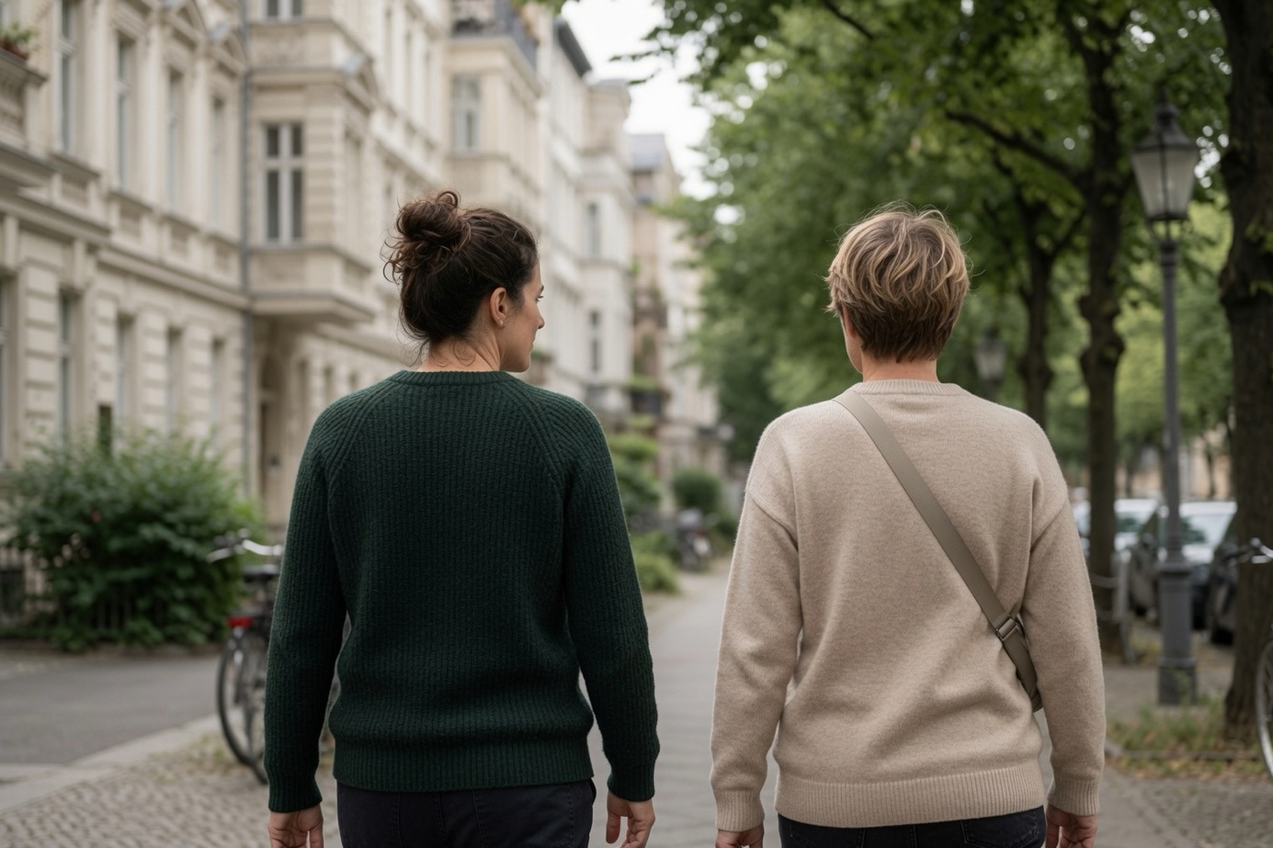 Zwei Personen gehen gemeinsam durch eine ruhige Wohnstraße