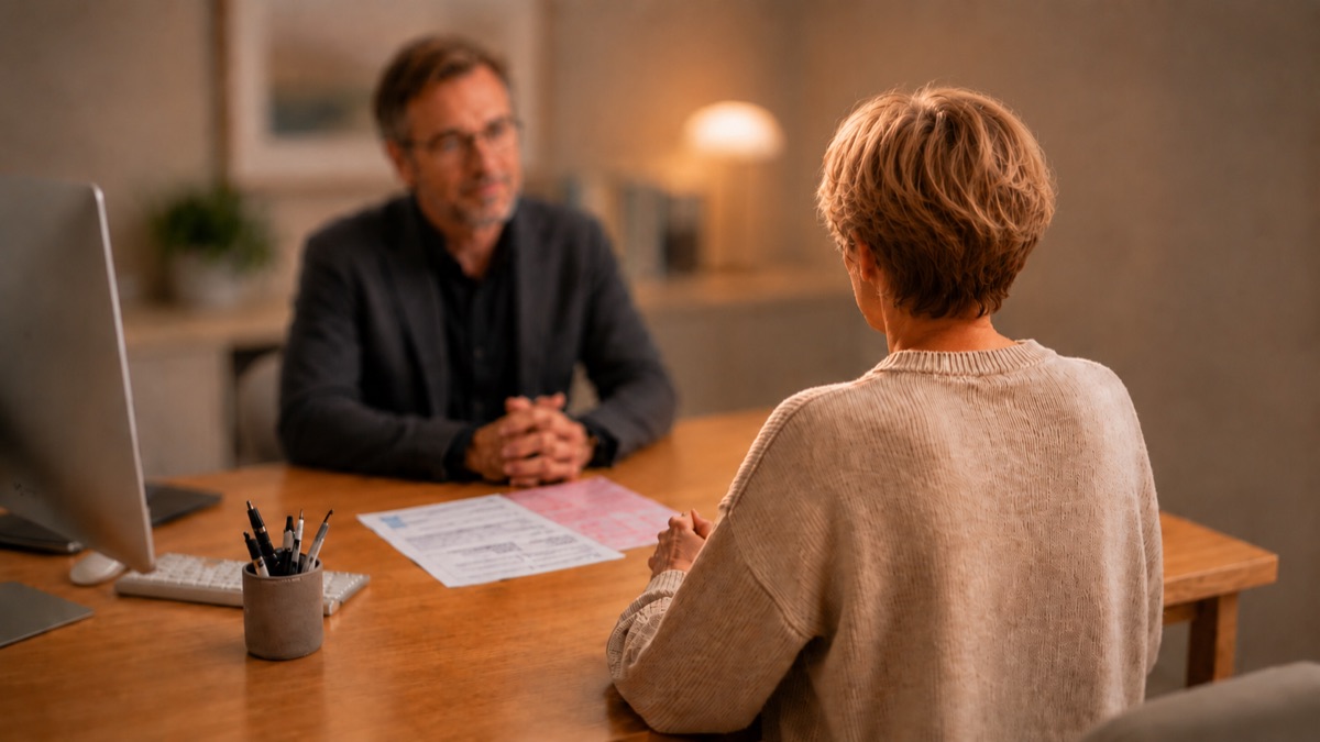 Beratungsgespräch am Schreibtisch mit Verordnungsunterlagen für pHKP