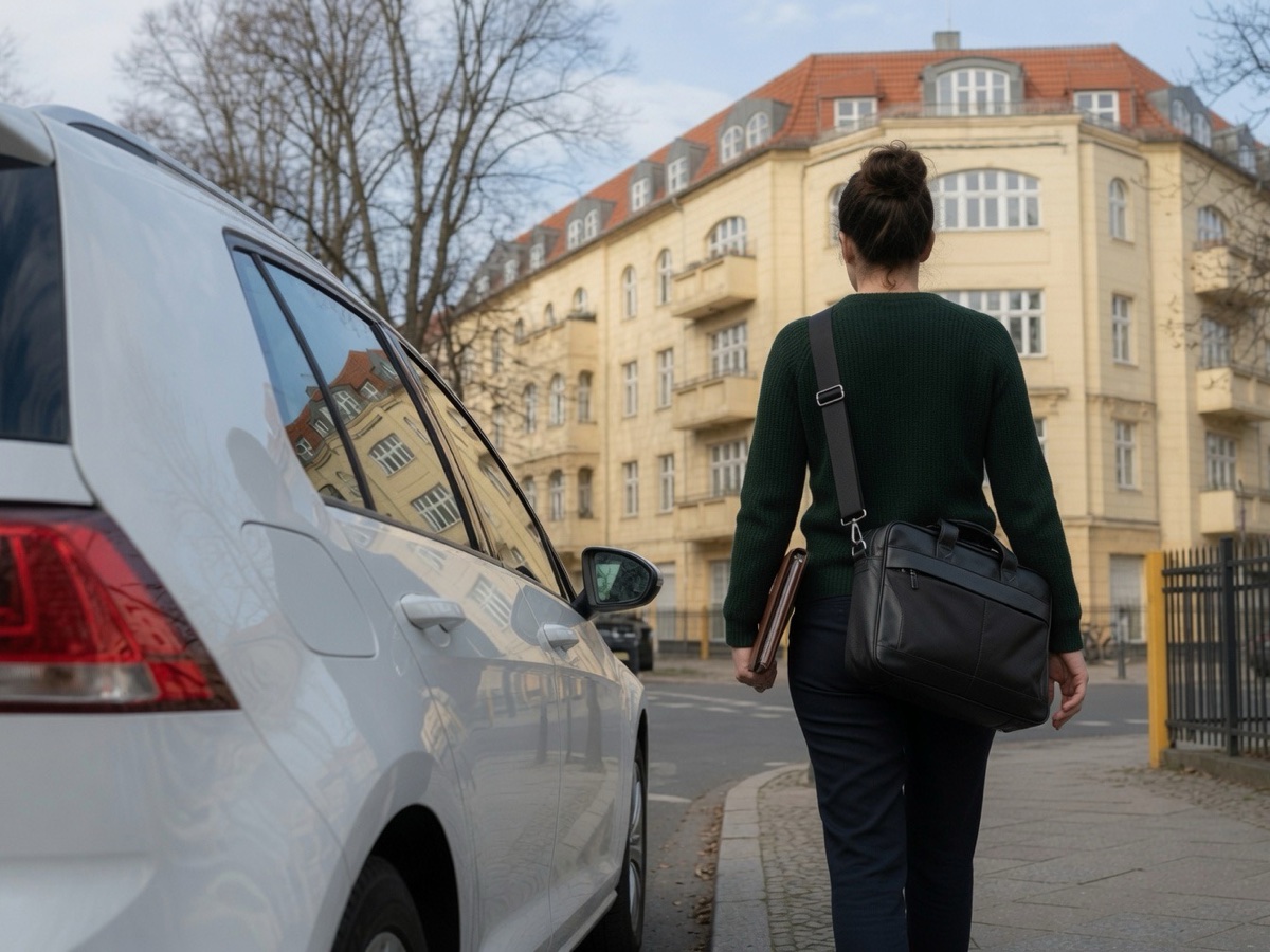 Psychiatrische Pflegefachkraft kommt zu einem Hausbesuch an einem Wohnhaus an