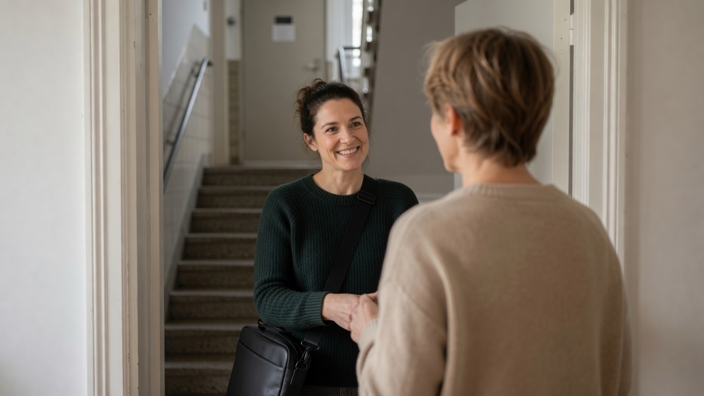 Psychiatrische Pflegefachkraft wird bei einem Hausbesuch an der Wohnungstür begrüßt